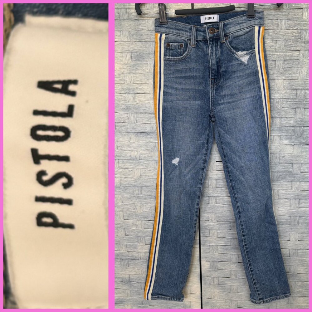 PISTOLA Sz 24 Blue Denim Jeans Side Stripe Distressed Cropped Leg‎